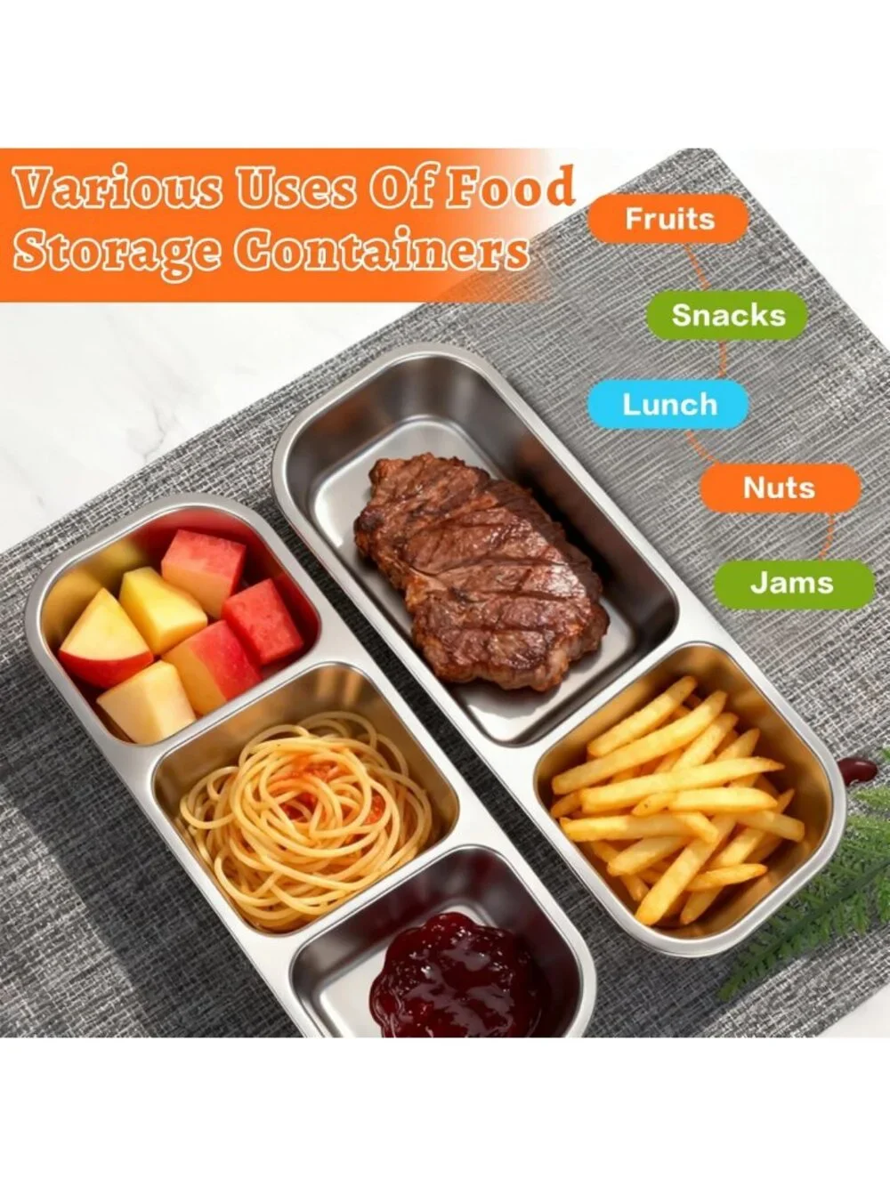 4 Pack Stainless Steel Snack Containers with Lids - 3 Compartment Food Storage